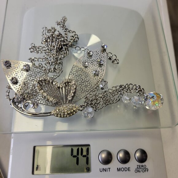 Filigree Butterfly Pendant Necklace with Aurora Borealis colourful Rhinestones - Picture 12 of 13